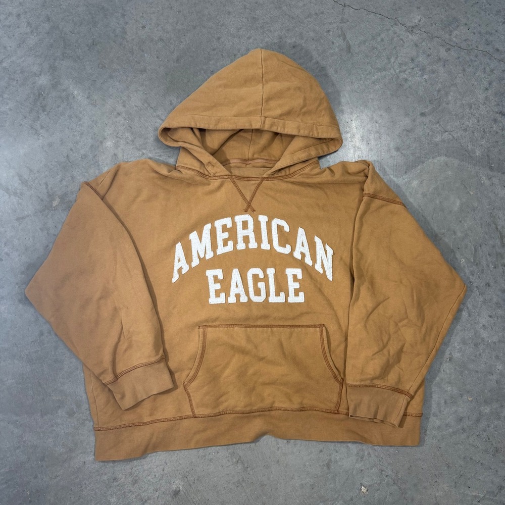 Y2K 2000s American Eagle Brown Spellout Hoodie Oversized Pullover Sweatshirt XL